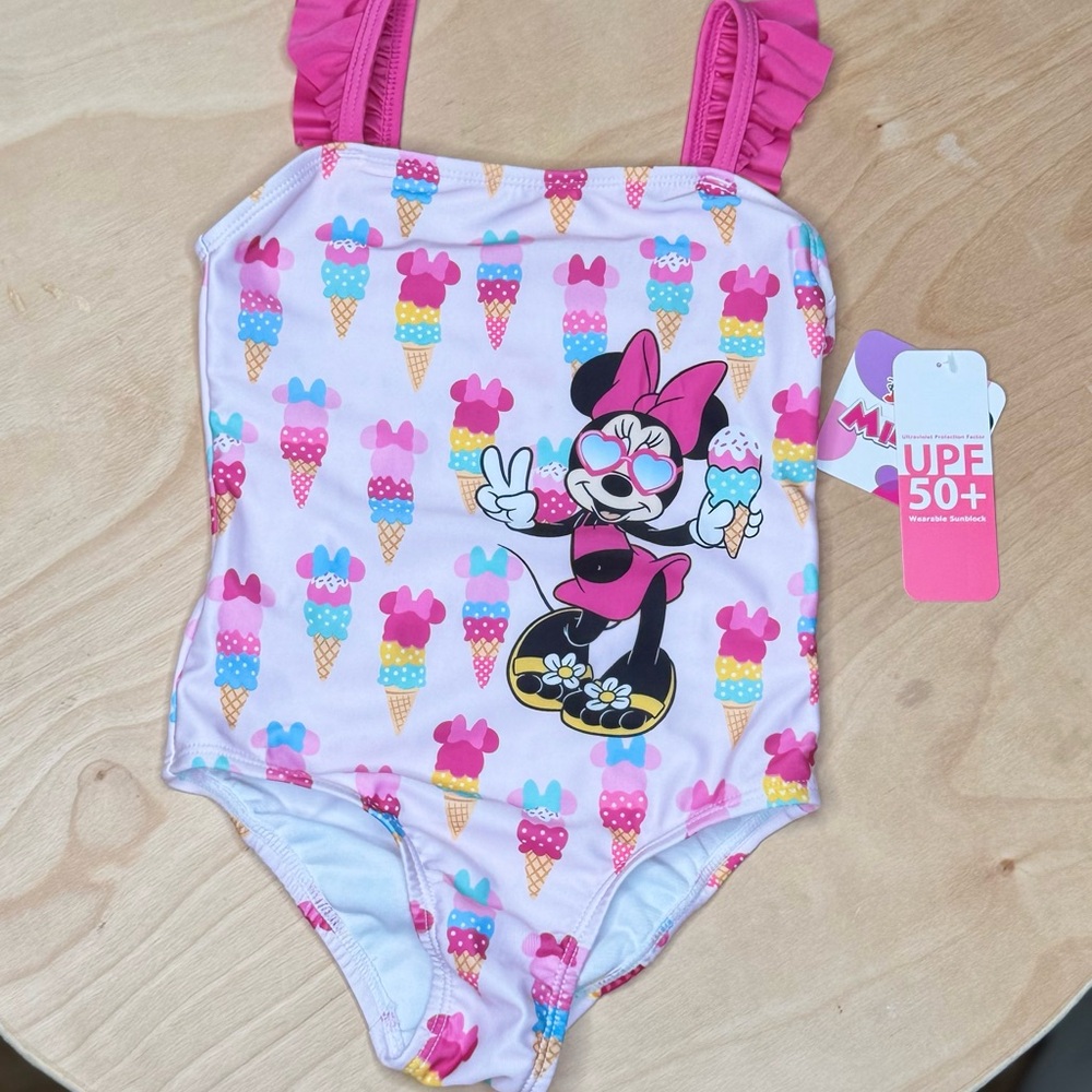 Disney Minnie Mouse One-Piece Swimsuit UPF 50+ Ice Cream Print Size 4T NWT